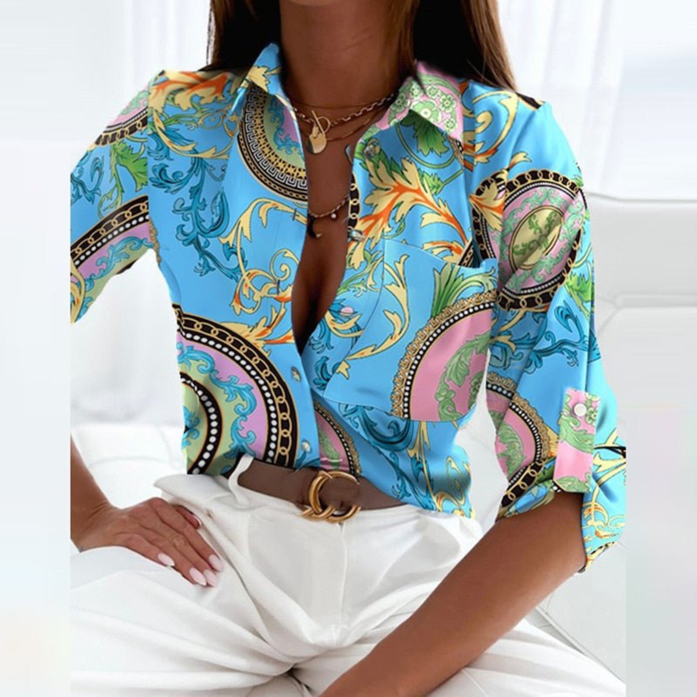 Women's Satin Geometric Print Button-Down Blouse