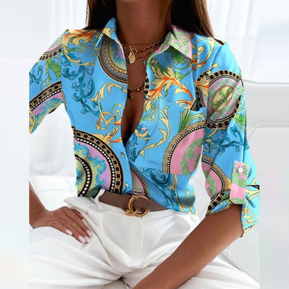 Women's Satin Geometric Print Button-Down Blouse