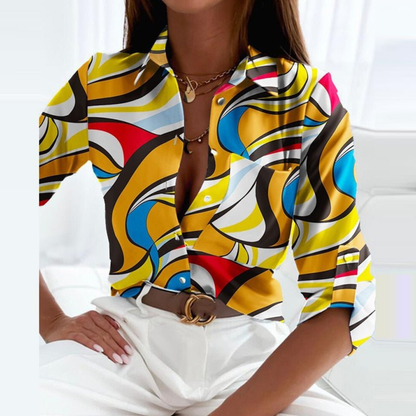 Women's Satin Geometric Print Button-Down Blouse