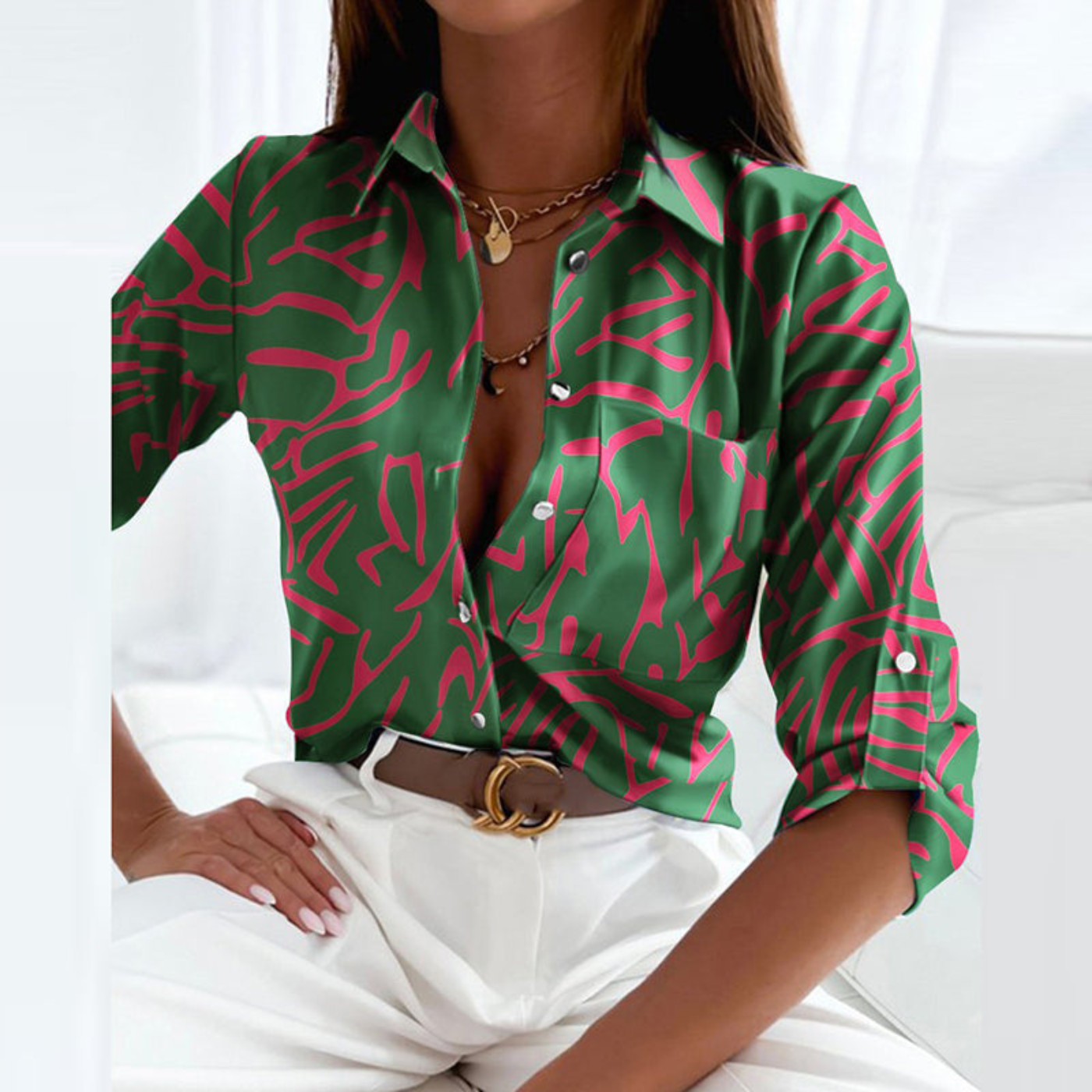 Women's Satin Geometric Print Button-Down Blouse