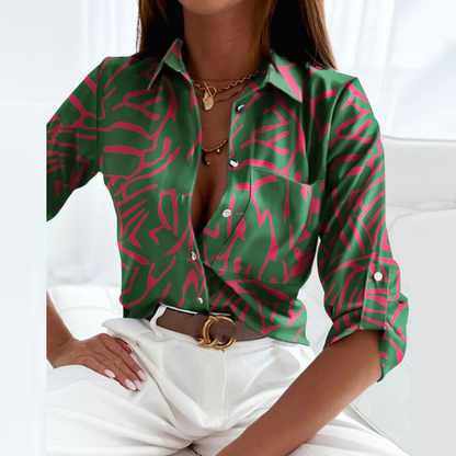 Women's Satin Geometric Print Button-Down Blouse