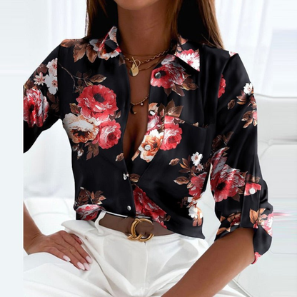Women's Satin Geometric Print Button-Down Blouse