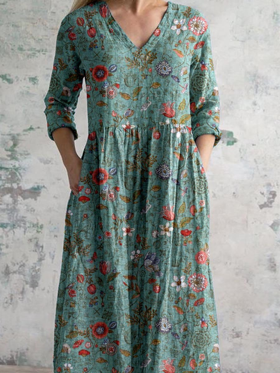 Women's Boho Floral V-Neck Gathered Waist Maxi Dress with Pockets