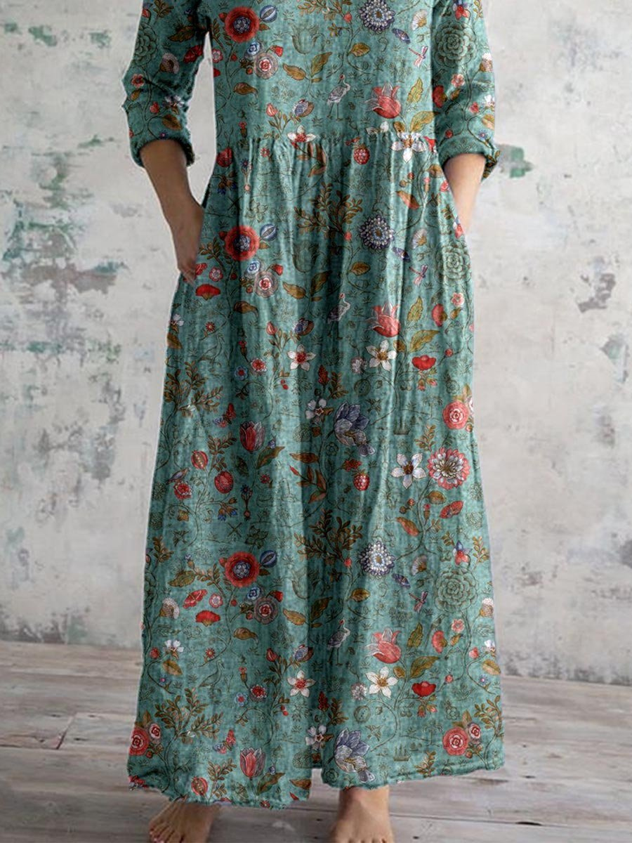 Women's Boho Floral V-Neck Gathered Waist Maxi Dress with Pockets