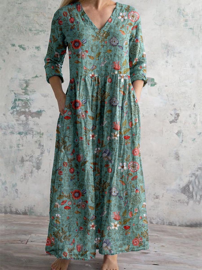 Women's Boho Floral V-Neck Gathered Waist Maxi Dress with Pockets
