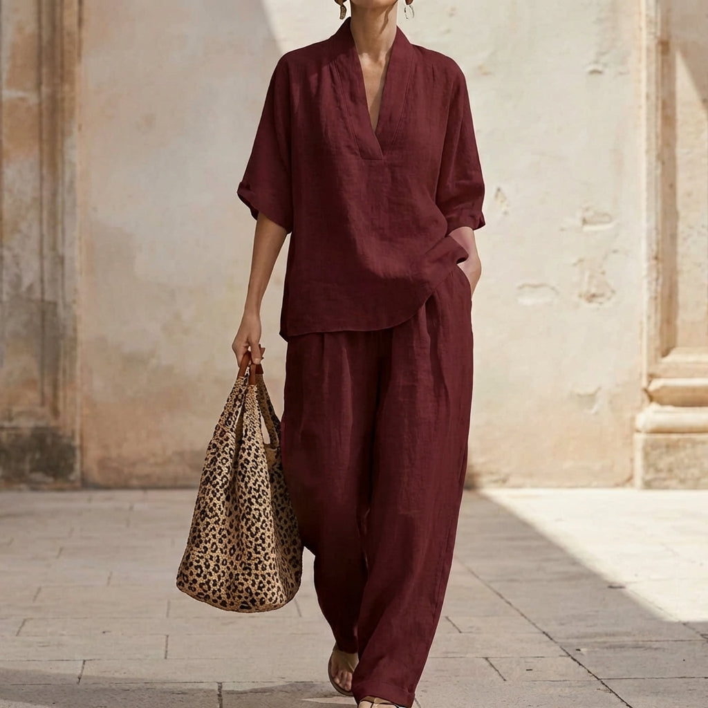 Women’s Relaxed Two-Piece Set with V-Neck Top and Wide-Leg Pants