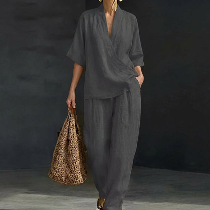 Women’s Relaxed Two-Piece Set with V-Neck Top and Wide-Leg Pants