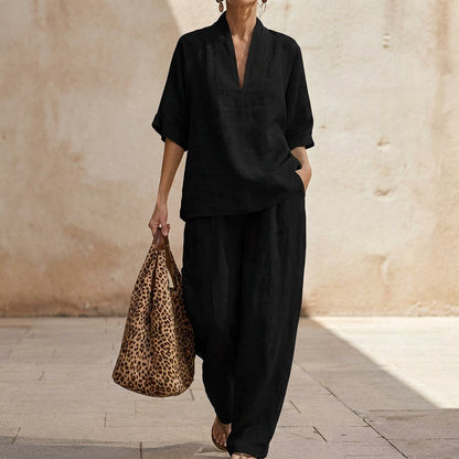 Women’s Relaxed Two-Piece Set with V-Neck Top and Wide-Leg Pants