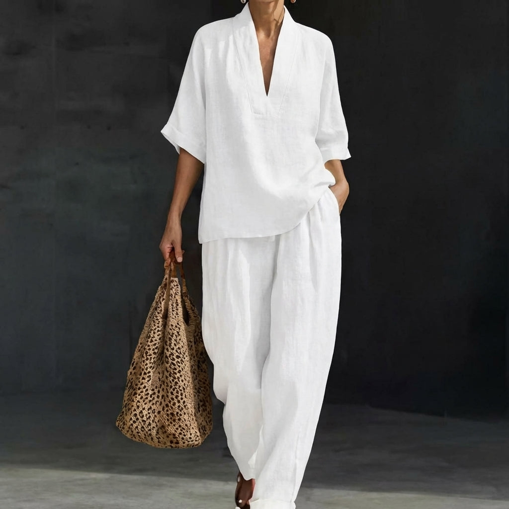 Women’s Relaxed Two-Piece Set with V-Neck Top and Wide-Leg Pants