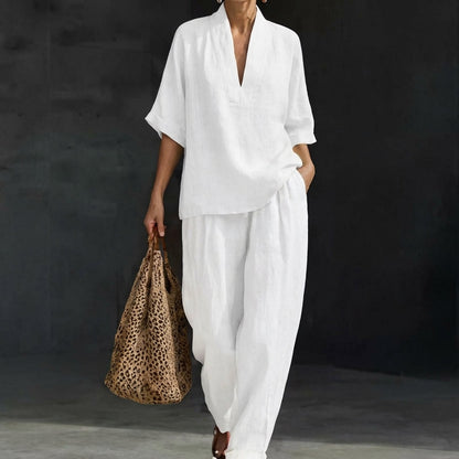 Women’s Relaxed Two-Piece Set with V-Neck Top and Wide-Leg Pants
