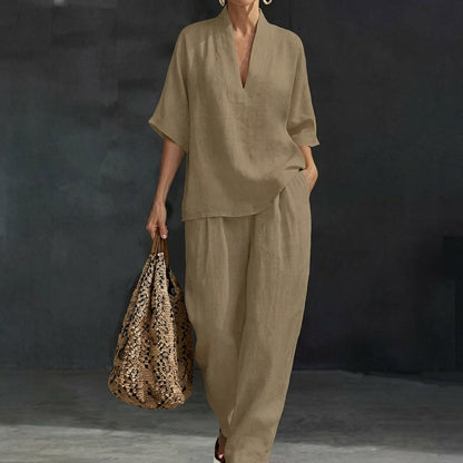 Women’s Relaxed Two-Piece Set with V-Neck Top and Wide-Leg Pants