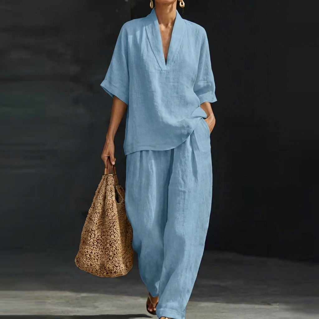 Women’s Relaxed Two-Piece Set with V-Neck Top and Wide-Leg Pants