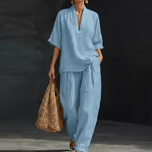 Women’s Relaxed Two-Piece Set with V-Neck Top and Wide-Leg Pants