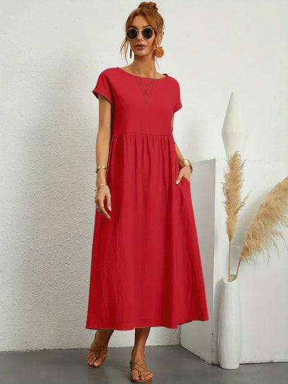 Women’s Short Sleeve Midi Dress with Relaxed A-Line Silhouette