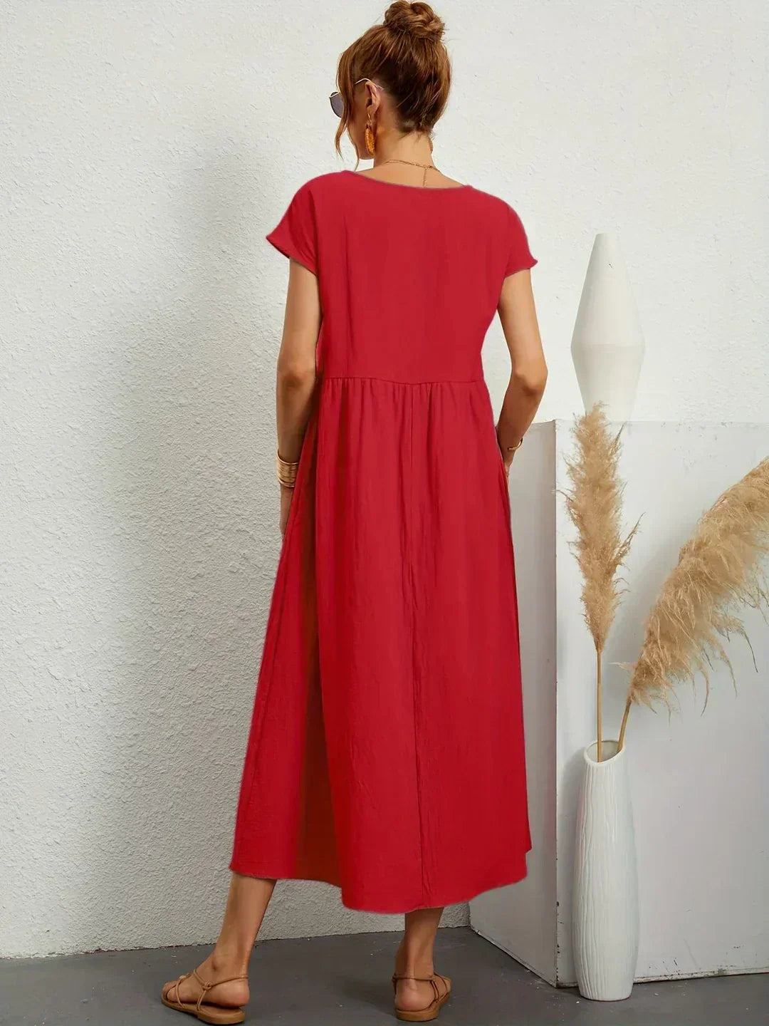 Women’s Short Sleeve Midi Dress with Relaxed A-Line Silhouette