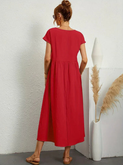 Women’s Short Sleeve Midi Dress with Relaxed A-Line Silhouette