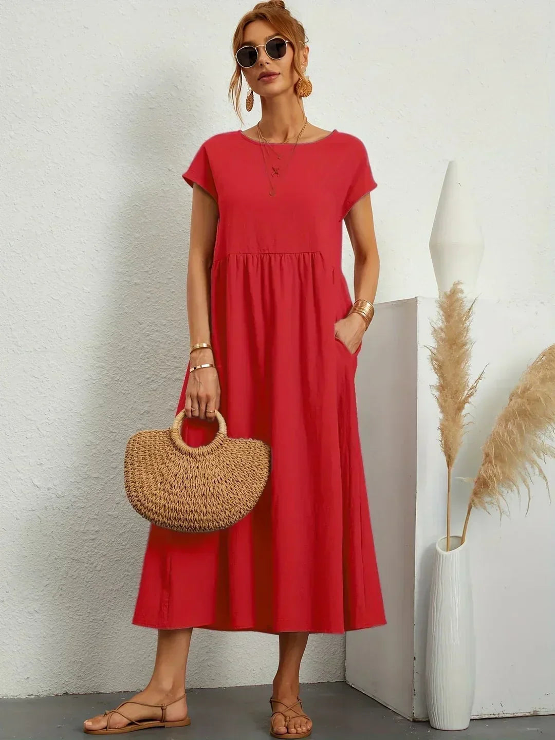 Women’s Short Sleeve Midi Dress with Relaxed A-Line Silhouette