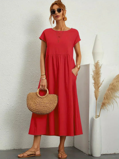 Women’s Short Sleeve Midi Dress with Relaxed A-Line Silhouette