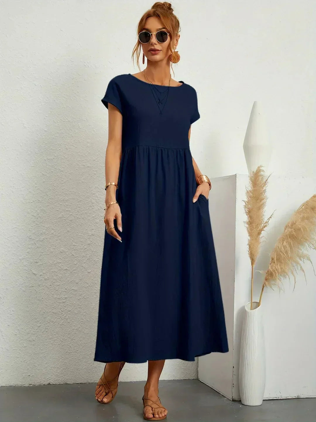 Women’s Short Sleeve Midi Dress with Relaxed A-Line Silhouette