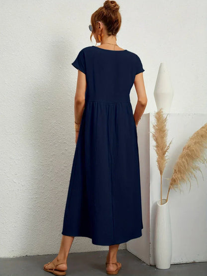 Women’s Short Sleeve Midi Dress with Relaxed A-Line Silhouette