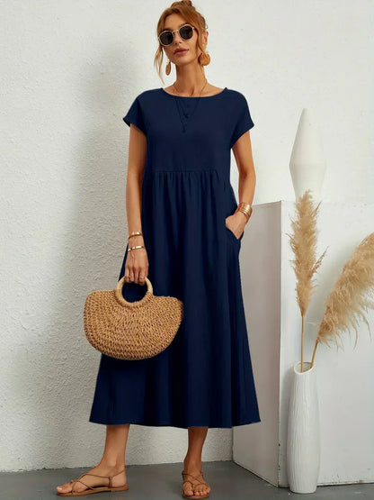 Women’s Short Sleeve Midi Dress with Relaxed A-Line Silhouette