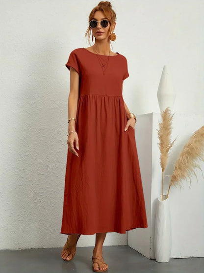 Women’s Short Sleeve Midi Dress with Relaxed A-Line Silhouette