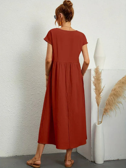 Women’s Short Sleeve Midi Dress with Relaxed A-Line Silhouette