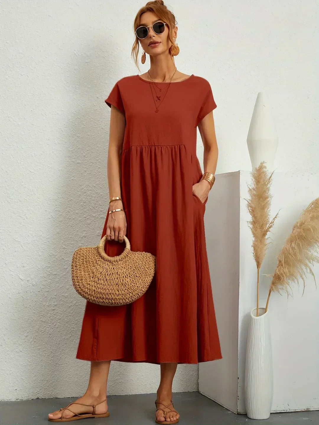 Women’s Short Sleeve Midi Dress with Relaxed A-Line Silhouette
