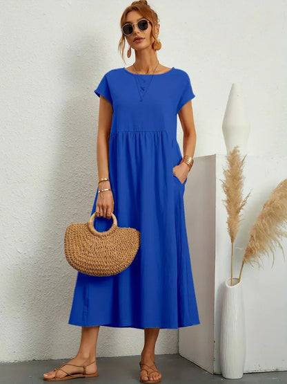 Women’s Short Sleeve Midi Dress with Relaxed A-Line Silhouette