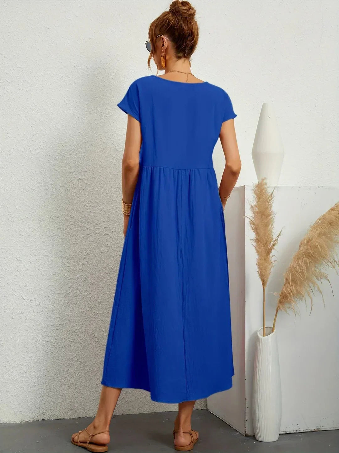 Women’s Short Sleeve Midi Dress with Relaxed A-Line Silhouette
