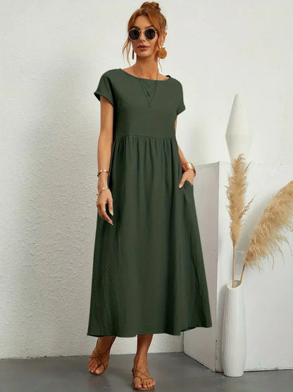 Women’s Short Sleeve Midi Dress with Relaxed A-Line Silhouette