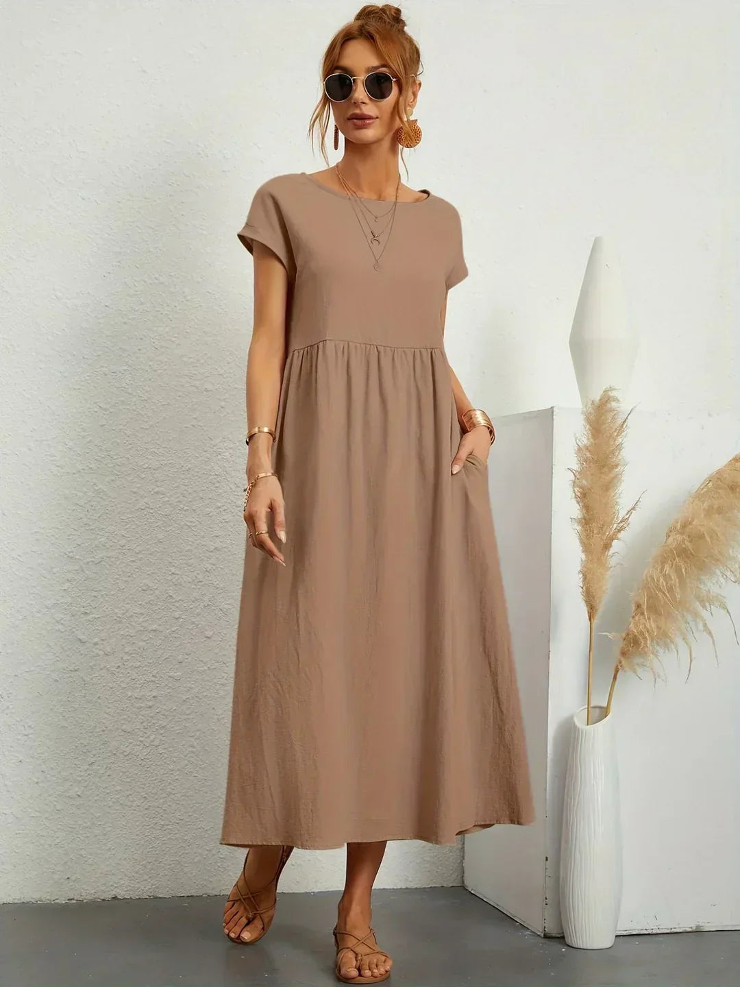 Women’s Short Sleeve Midi Dress with Relaxed A-Line Silhouette