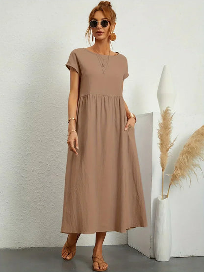 Women’s Short Sleeve Midi Dress with Relaxed A-Line Silhouette