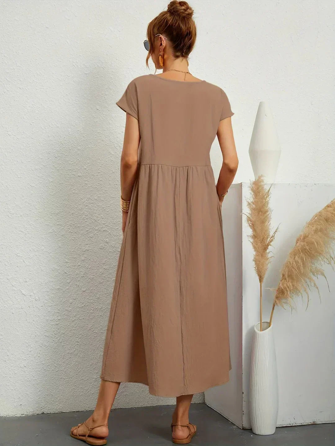 Women’s Short Sleeve Midi Dress with Relaxed A-Line Silhouette