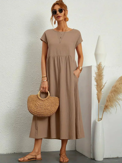 Women’s Short Sleeve Midi Dress with Relaxed A-Line Silhouette