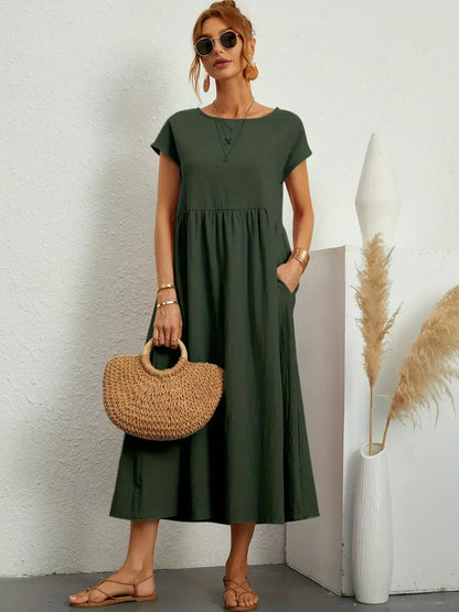 Women’s Short Sleeve Midi Dress with Relaxed A-Line Silhouette