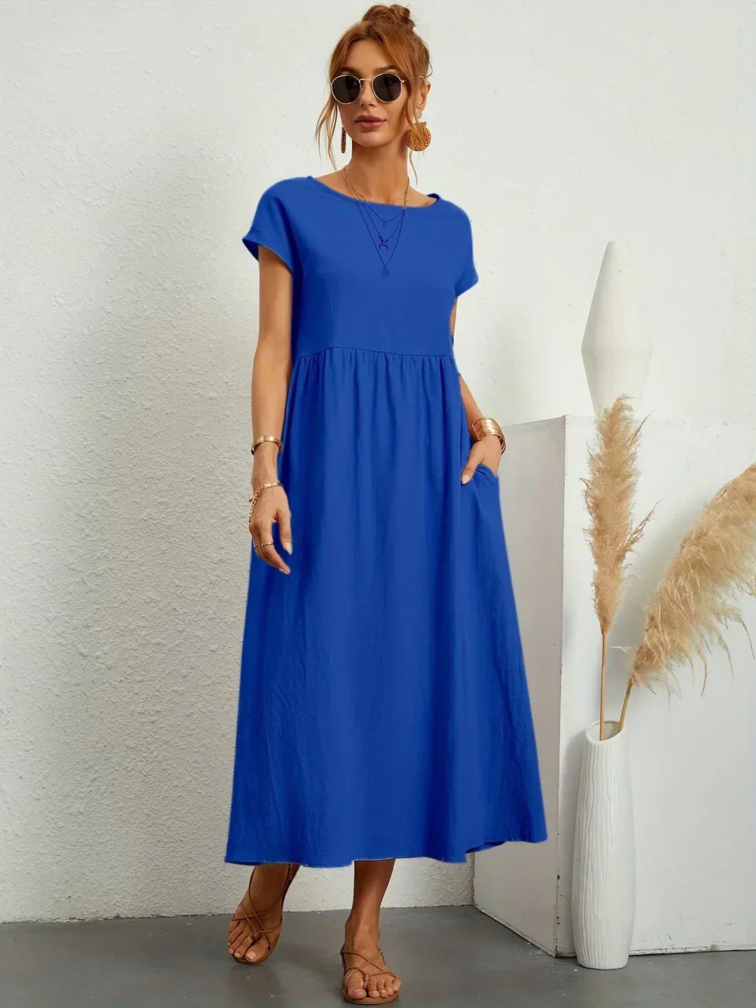 Women’s Short Sleeve Midi Dress with Relaxed A-Line Silhouette
