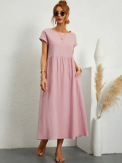Women’s Short Sleeve Midi Dress with Relaxed A-Line Silhouette
