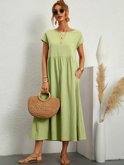 Women’s Short Sleeve Midi Dress with Relaxed A-Line Silhouette