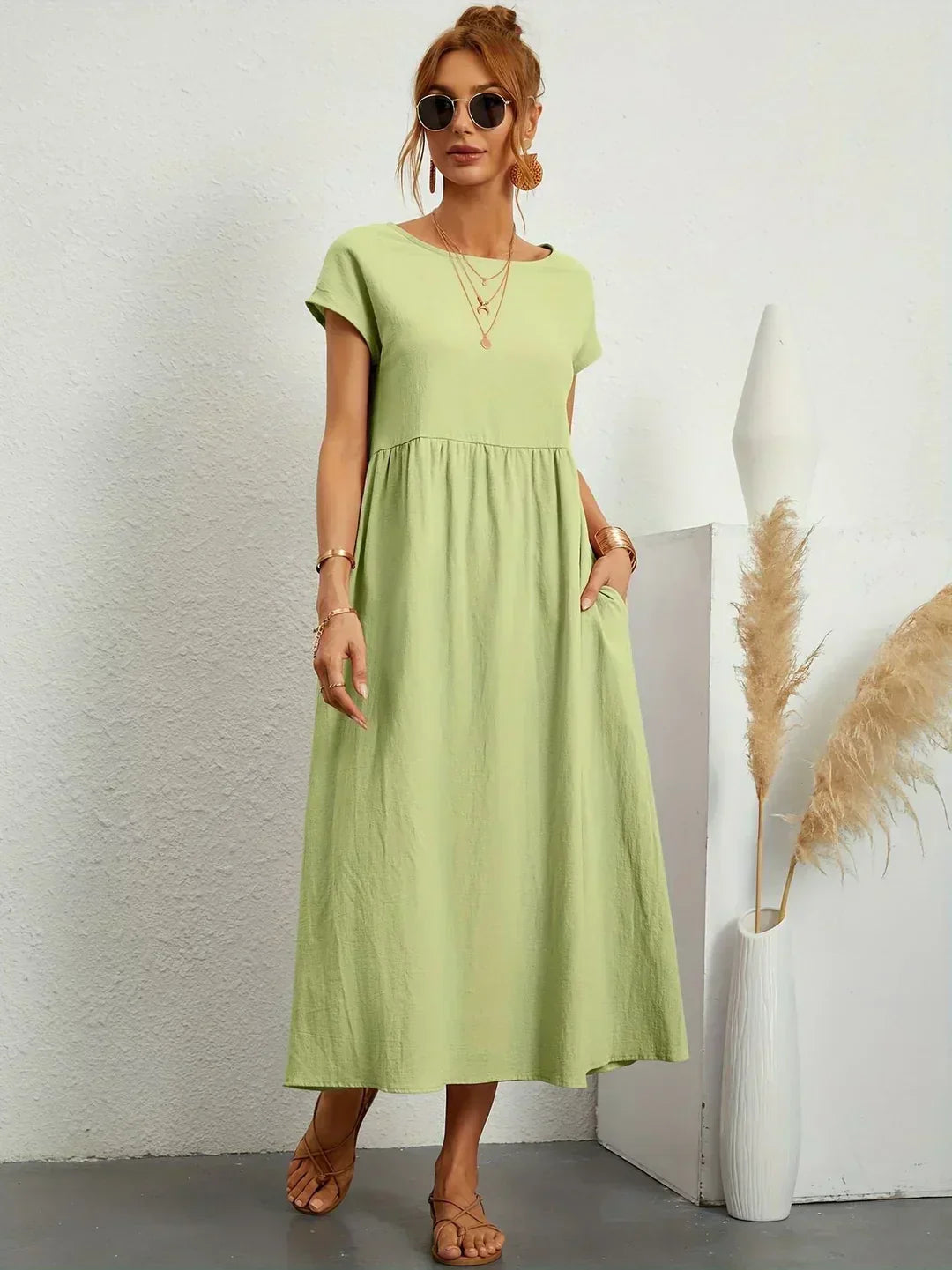 Women’s Short Sleeve Midi Dress with Relaxed A-Line Silhouette
