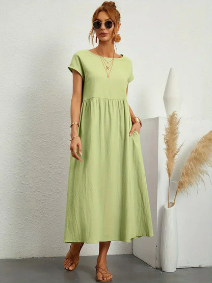 Women’s Short Sleeve Midi Dress with Relaxed A-Line Silhouette