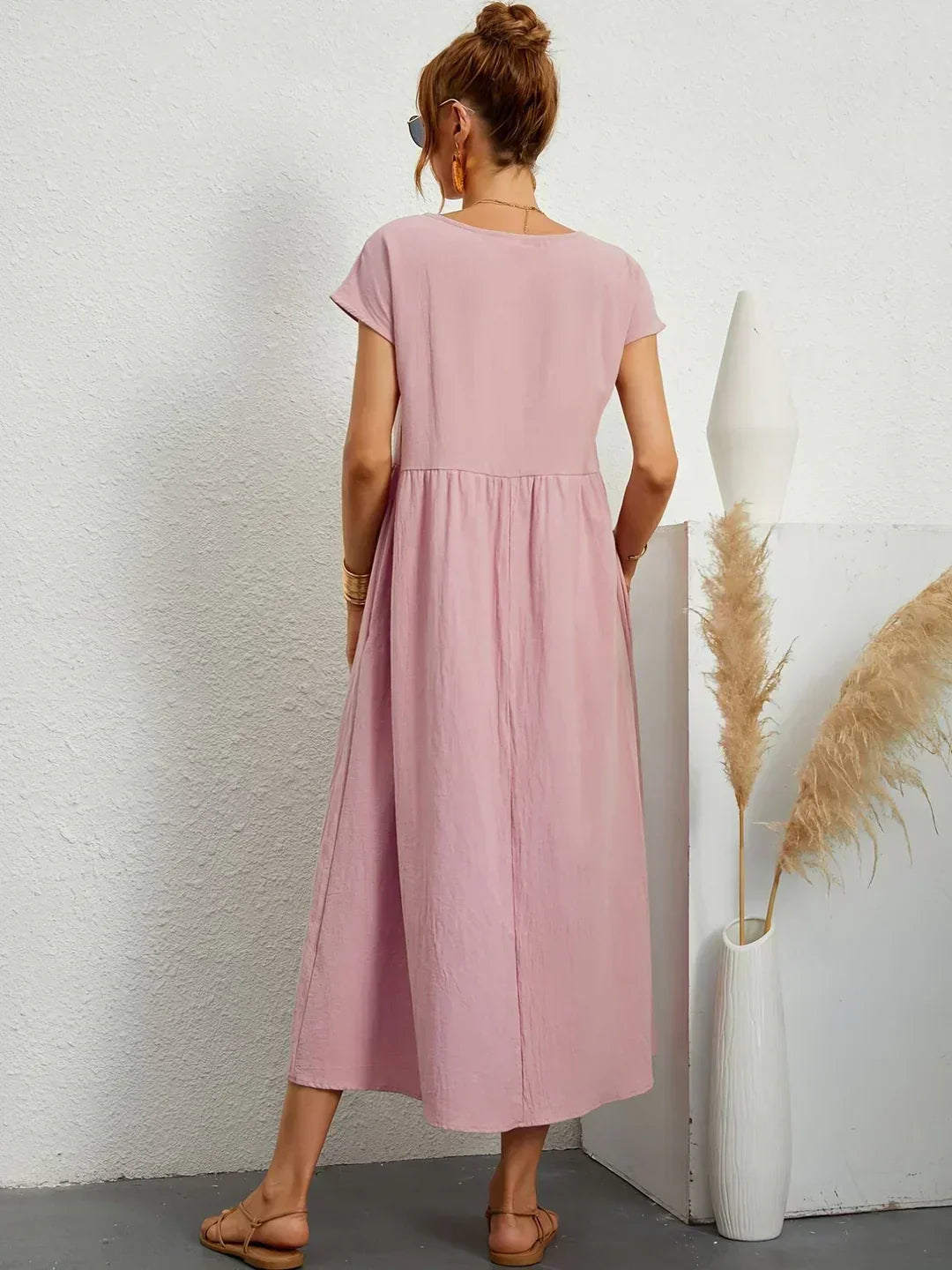 Women’s Short Sleeve Midi Dress with Relaxed A-Line Silhouette