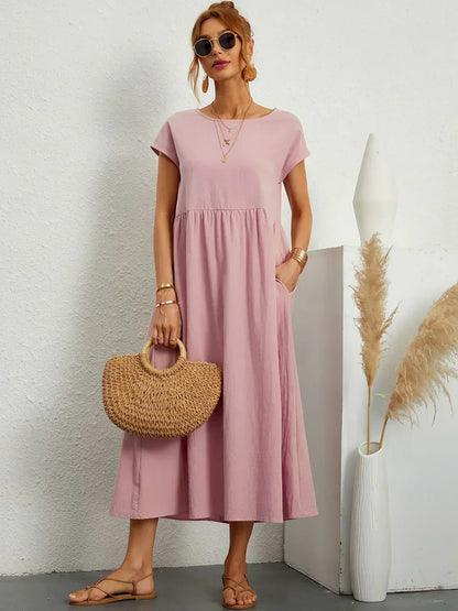 Women’s Short Sleeve Midi Dress with Relaxed A-Line Silhouette