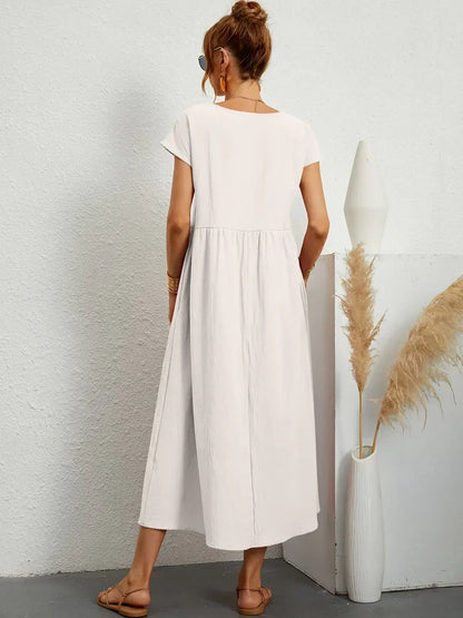 Women’s Short Sleeve Midi Dress with Relaxed A-Line Silhouette