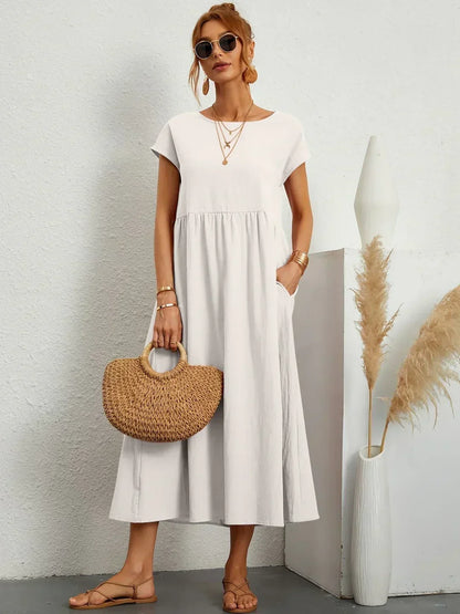 Women’s Short Sleeve Midi Dress with Relaxed A-Line Silhouette
