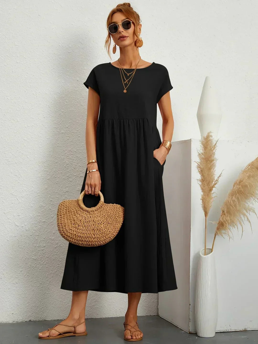 Women’s Short Sleeve Midi Dress with Relaxed A-Line Silhouette
