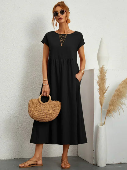 Women’s Short Sleeve Midi Dress with Relaxed A-Line Silhouette