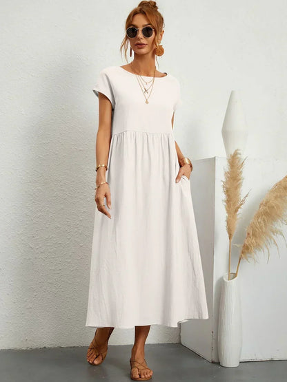 Women’s Short Sleeve Midi Dress with Relaxed A-Line Silhouette