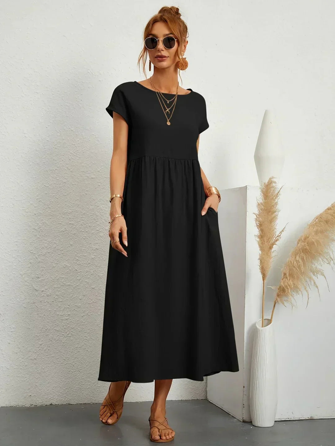 Women’s Short Sleeve Midi Dress with Relaxed A-Line Silhouette
