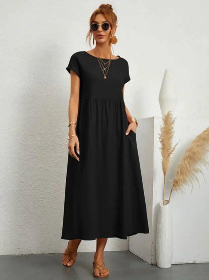 Women’s Short Sleeve Midi Dress with Relaxed A-Line Silhouette